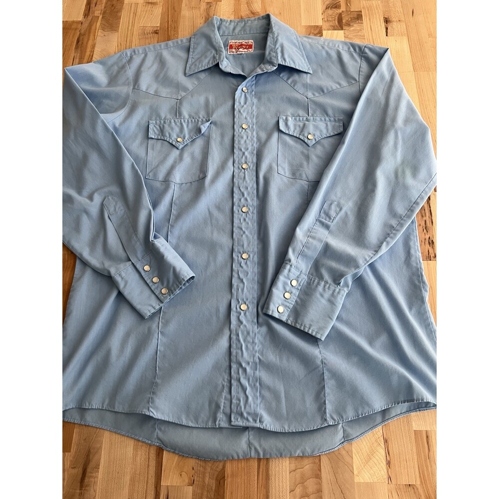 Vintage Ely Plains Long Sleeve Snap Shirt Solid Blue Cowboy Rockabilly Large